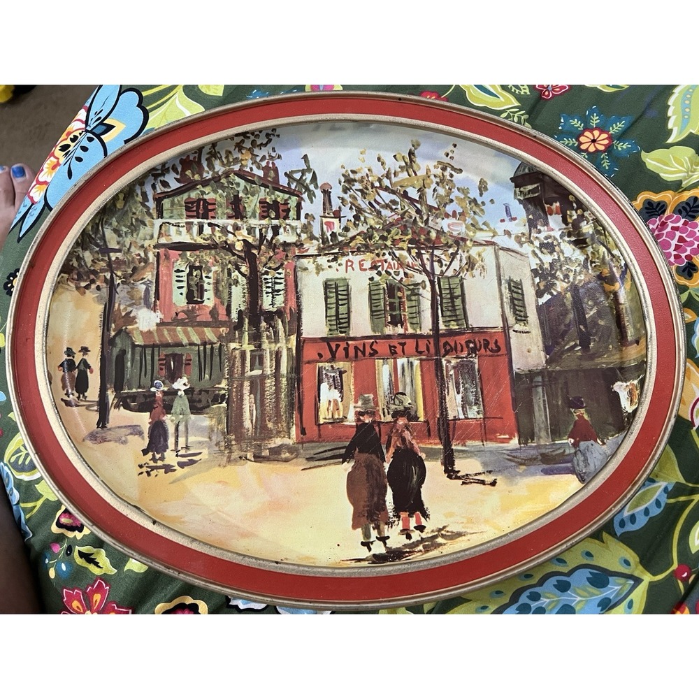 Vintage Tin Metal Oval Tray "PETIT CAFE" by Maurice Utrillo Sunshine Biscuits